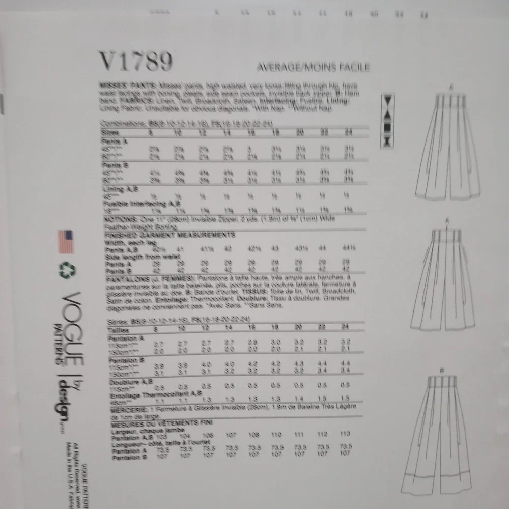 Vogue V1789 Misses Wide Legged Palazzo Pants Size 8-16  Uncut Sewing Pattern
